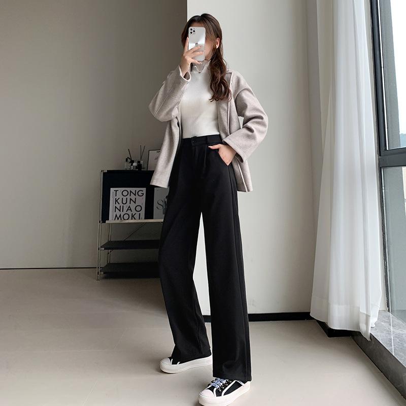 Small Autumn and Winter New Wool Casual Long Trousers for Women Single Button High Waist Straight Thickened Wool Wide-leg Pants