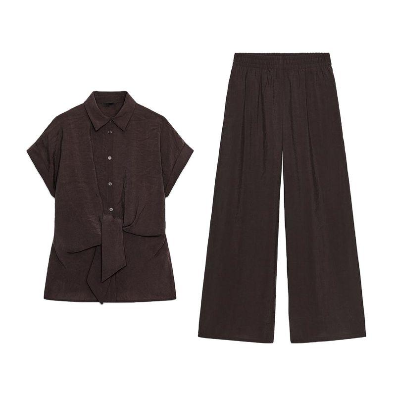 Front Bow Tie Short Sleeve V-neck Casual Shirt 2298161 High Waist Wide Elastic Waist Pants 1165608
