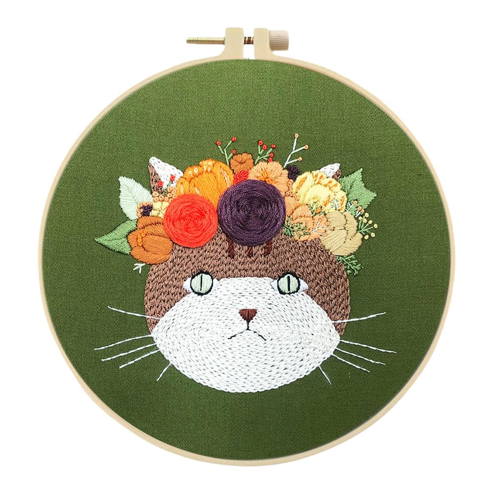 Cat Flower Stamped Cross Stitch Embroidery Kits with Hoop Cloth Color Thread