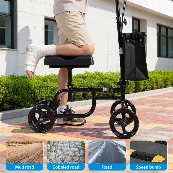 Steerable Leg Scooter Knee with Rear Wheel Brake Locking Handbrake, Crutches Alternative Adults Walker All-Terrains Canvas Bag, Adjustable for Broken