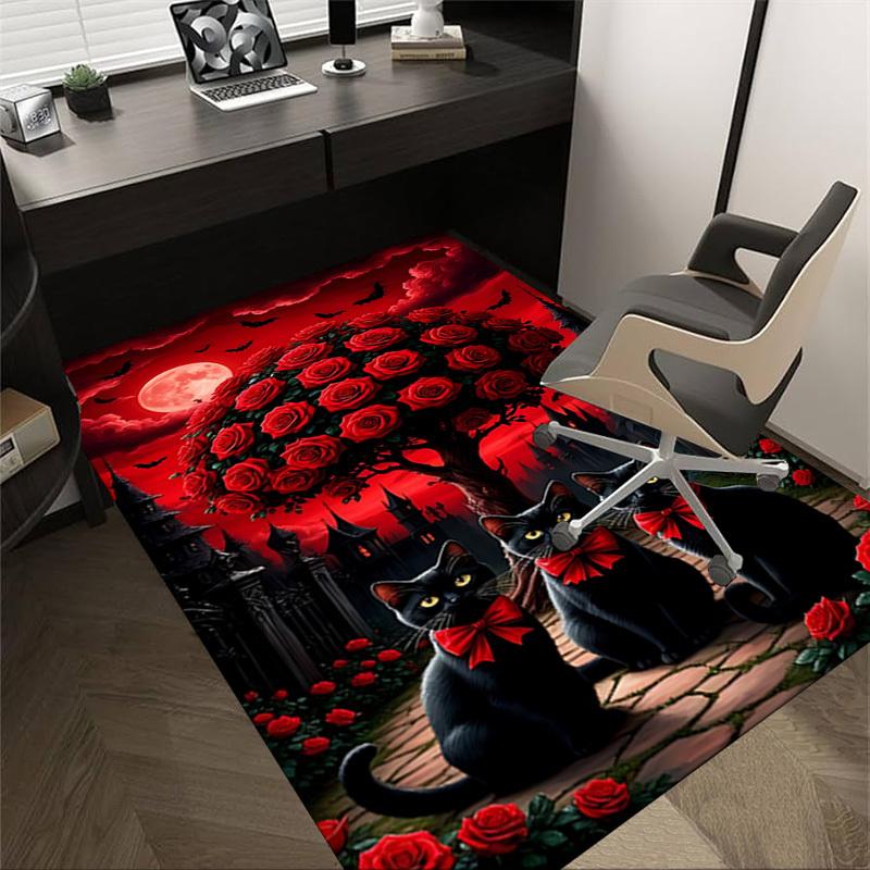 

1pc Black cats, Gothic roses Carpet Anti Slip Polyester Floor Mat for office.Bedroom 60cm by 90cm