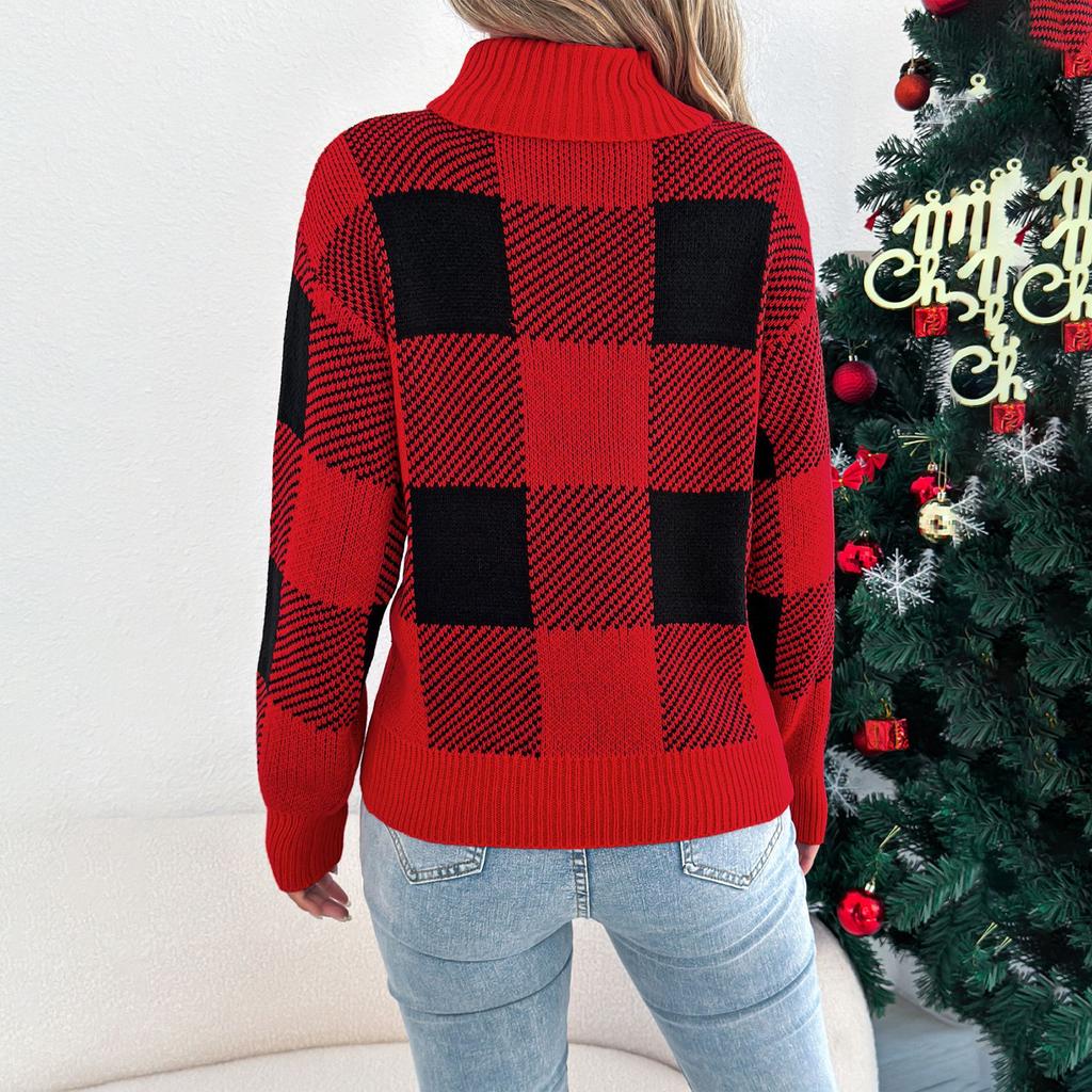 Women's Christmas Casual Color Block Plaid Long-Sleeved Turtleneck Sweater