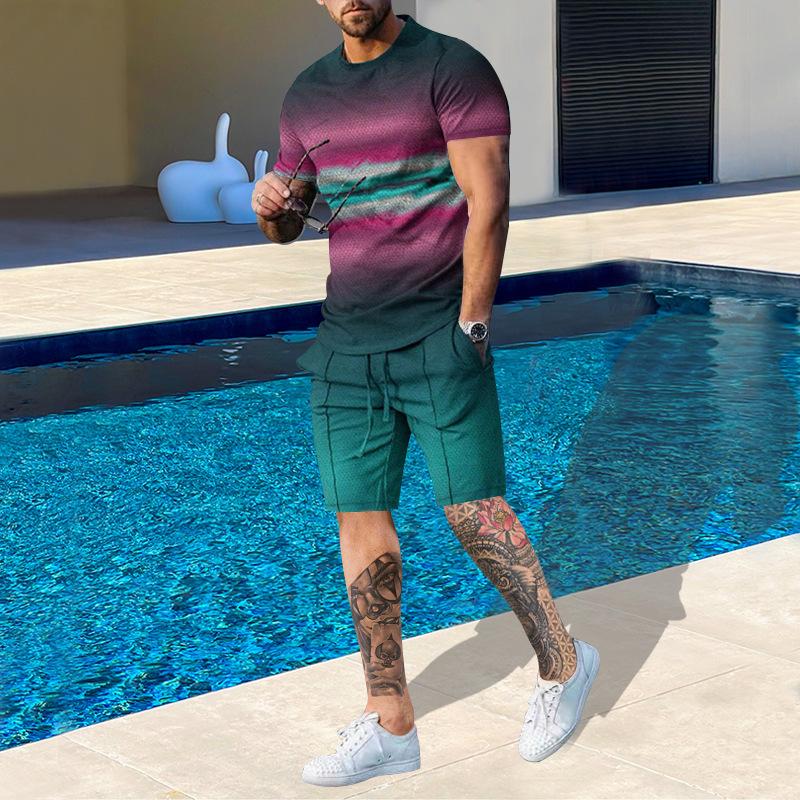 Plus Size Men's Summer Suit Round Neck Short Sleeved Shorts 3D Printed Loose Men's Casual Sports Set