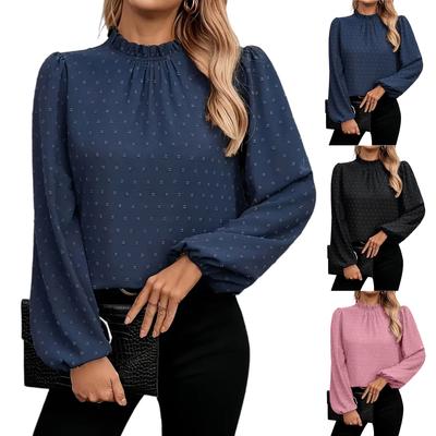 Women's Fashion Casual Polka Dot Pleated Round Neck Long Sleeve Solid Color Top