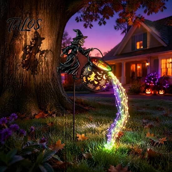 Glowing Yard Art for Halloween Witch Cauldron Light, Flying Silhouette Garden Stake with Colorful Metal Decor LED, Spooky Outdoor Decorative