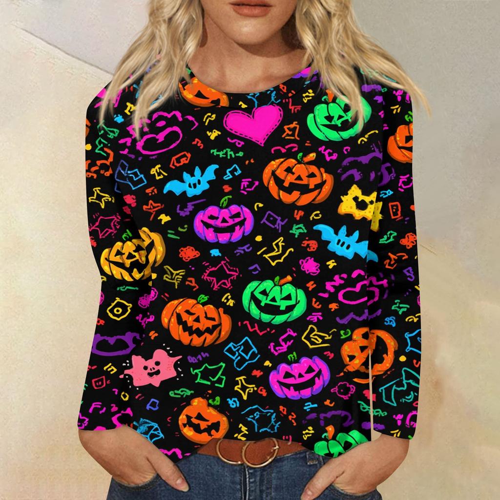 Modisches, lässiges Langarm-Oberteil mit Rundhalsausschnitt und Halloween-Print für Damen