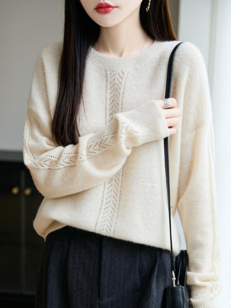 100% Pure Wool Hollow-Out Round Neck Sweater, Women's Autumn/Winter 3D Cable Knit Loose Cardigan