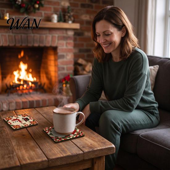 Winter Holiday Housewarming Gifts 4Pcs Christmas Coasters Set, Non-slip Wood Cup Mats with Cork Base Tree Drink for Hot Drinks, Decorative Patchwork