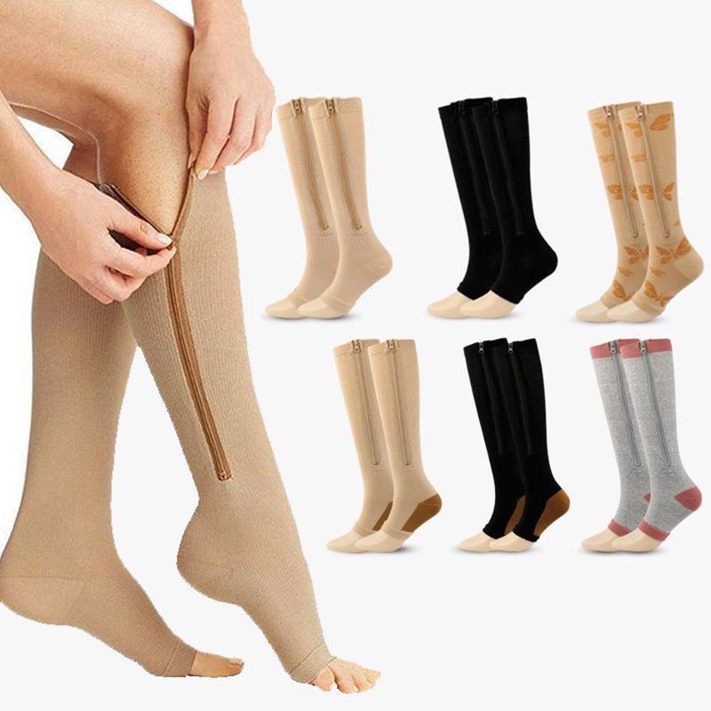 Women's Open-Toe Compression Zipper Socks - Elastic Calf Support 