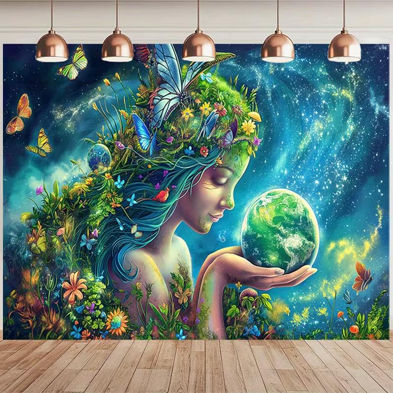 Artistic Earth Goddess Depiction, Holding the World with Nature and Celestial Elements 47.2x31.5inch/120*80cm
