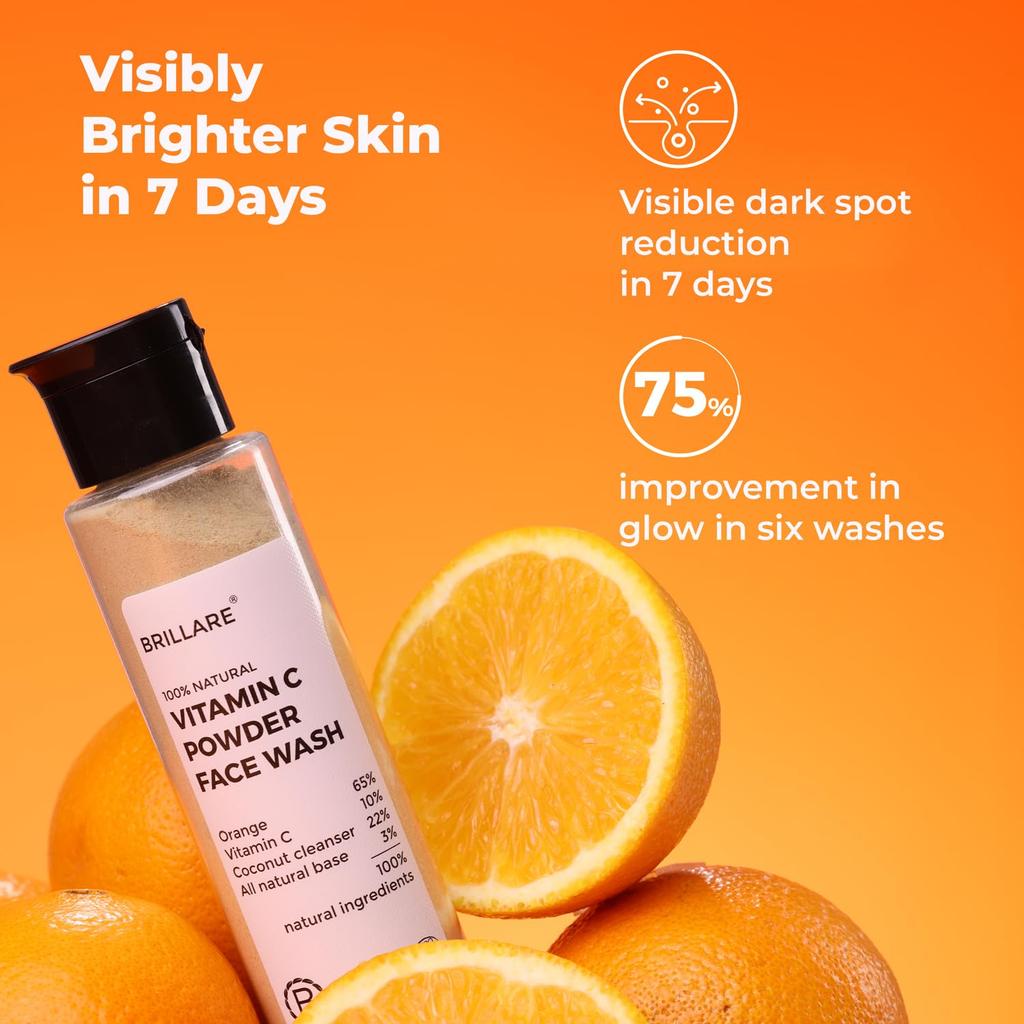 Brillare Vitamin C Powder Face Wash for Glowing, Bright Looking Skin | 100% Natural Orange Powder & Vitamin C | Gentle Exfoliation for Women & Men