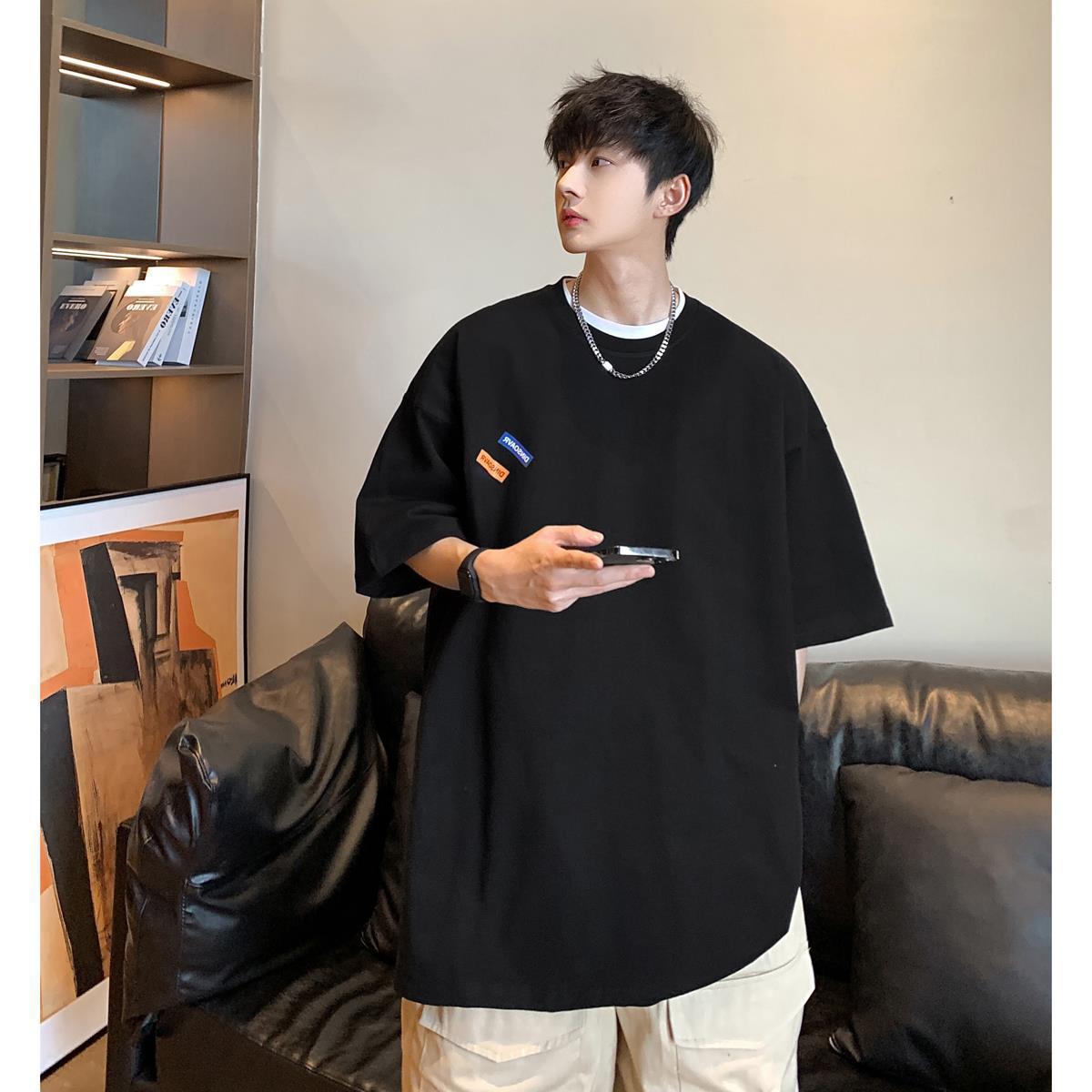 

2023 Summer Trendy Loose Round Neck Short Sleeve Artistic Casual T-shirt XL чёрный