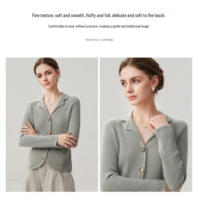 Women's Slim Fit Lapel Cashmere Cardigan - Autumn/Winter 2026 Striped Single-Breasted Elegant Base Layer