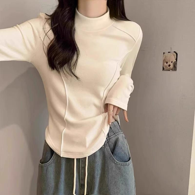 Hong Kong style velvet half turtleneck bottoming T-shirt for women in autumn and winter pure desire with fishbone slim curved hem basic top