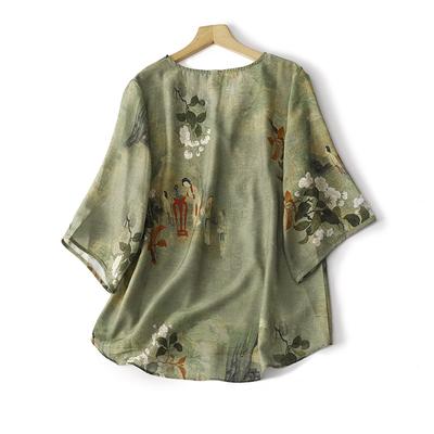 Blusa Estiva da Donna con Scollo a V Manica a Tre Quarti Stampa Casual Rayon Morbido Casual Stile Tradizionale Cinese