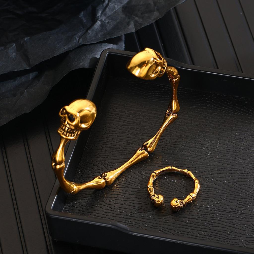 Punk Inspired Skull Jewelry Set Fashionable Bracelet Earrings Rings Halloween Accessories for Fashion Enthusiasts