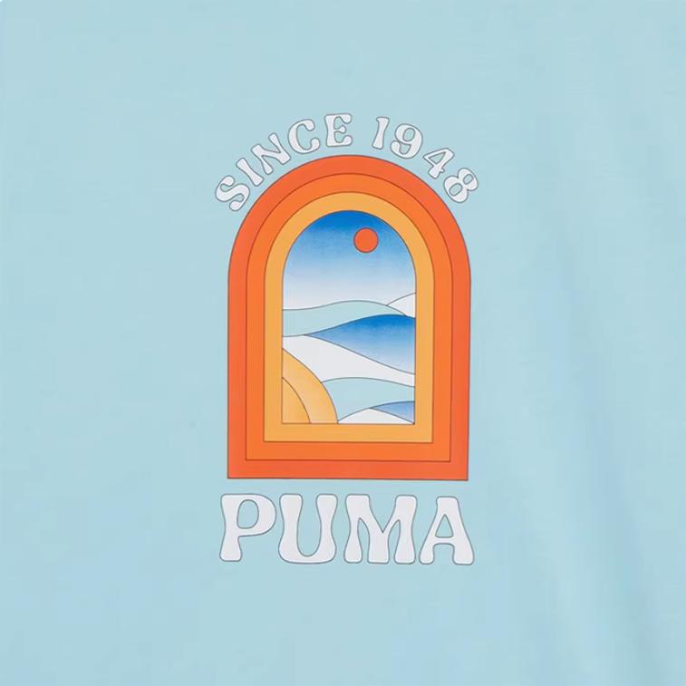 PUMA Apres Court Short Sleeve Tee With Alphanumeric Print, Comfortable And Breathable Casual Unisex Tops Light-Water-Green 628235-22