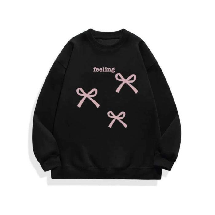 American bow printing fleece thickened sweater female student autumn and winter women's loose round neck pullover trendy