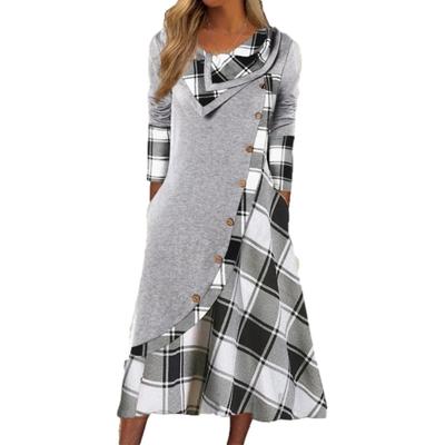 Damenkleid mit Karomuster, Patchwork-Knopf, Tasche, gestapeltem Kragen und langen Ärmeln