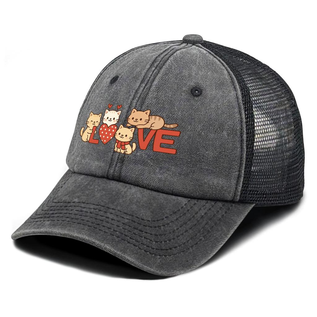 LOVE Heart Cat Printed Sun Hat Adjustable Vintage Simple Snapback Baseball Cap Flat Brim For Women Unisex Outdoor Camping Golf