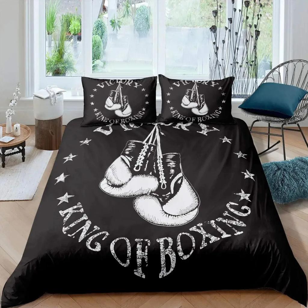 Adult Boxing Duvet Cover Set Queen,Sports Games Theme Bedding Sets Boxing Gloves Quilt Cover,Athlete Silhouette Comforter Cover