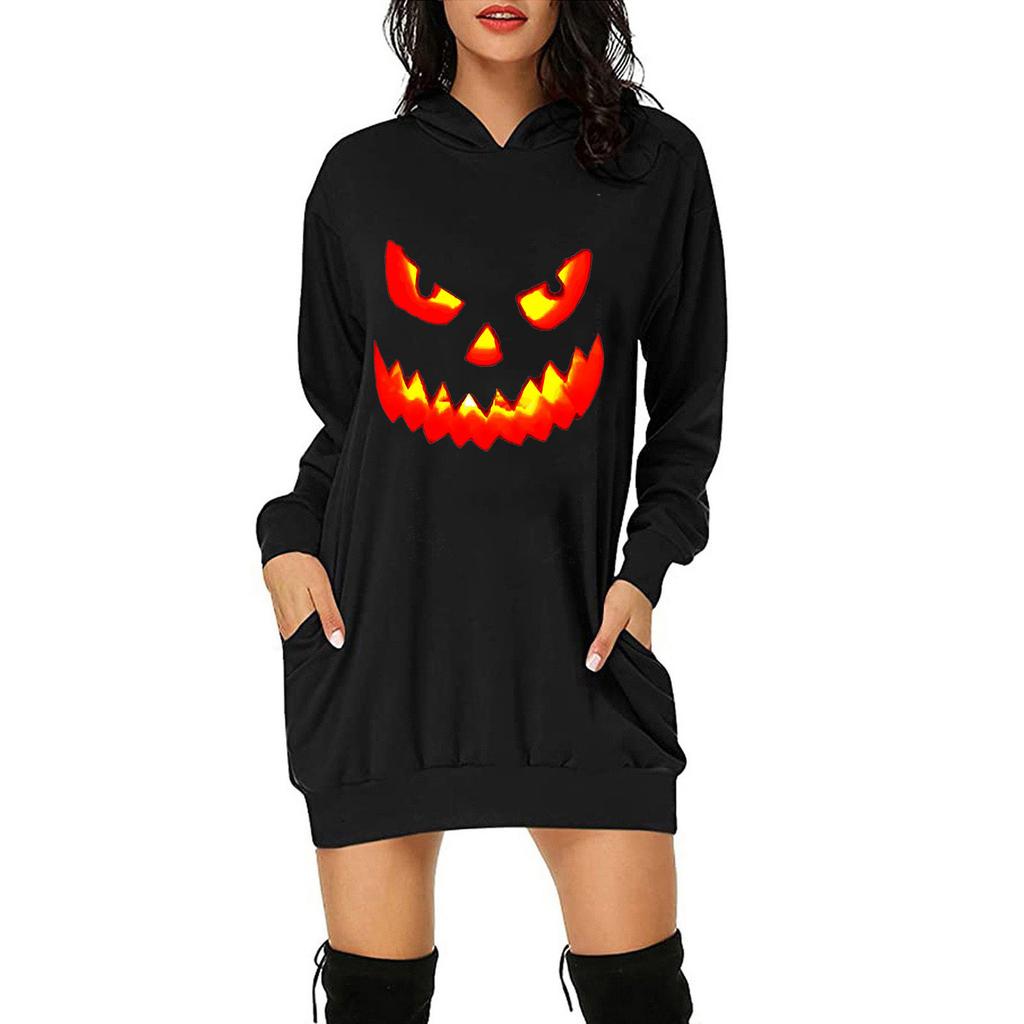 Women Casual Fashion Loose Plus Size Halloween Print Long-Sleeve Blouse Dress