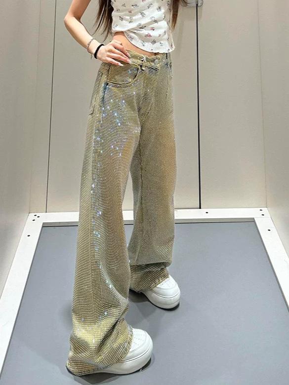 Women's Spring & Autumn Spicy Diamond Star Jeans - Unique Straight-Leg Design