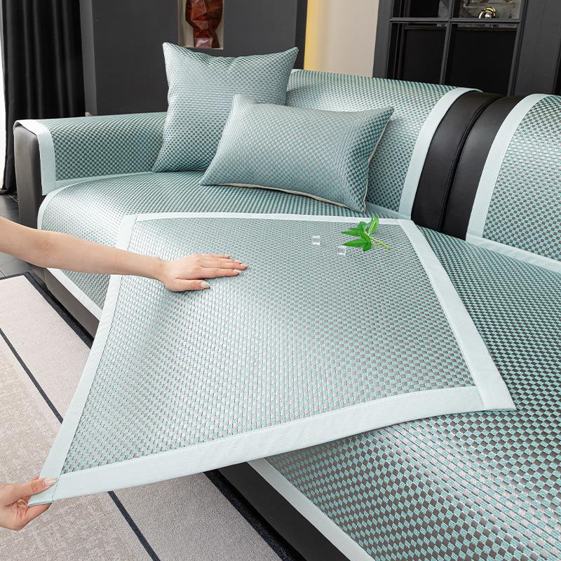 Summer New Light Luxury Ice Rattan Mat Sofa Cushion Cover Cloth Summer Ice Silk Mat Fixed Non-Slip Seat Cushion