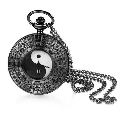 Tai Chi Yin Yang Taschenuhr mit Bagua Antike Wasserdichte Taschenuhr mit Anhängeruhr und Halskette Taoistisches Schwarz Perfektes Geschenk für und White Day