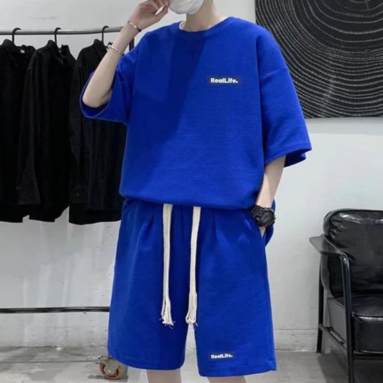 תלבושות 2 חלקים לגברים סט מכנסי טרנינג קז'ואל קיץ אוברסייז שרוול קצר חליפת ספורט בד טקסטורת וופל בגדי פנאי חליפה תואמת