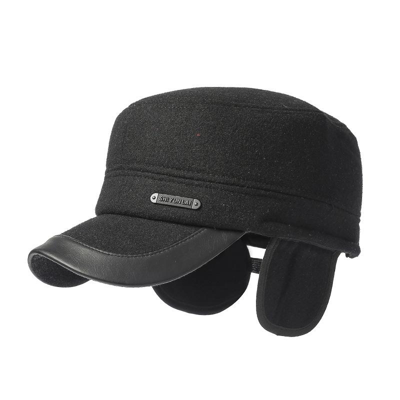 Autumn Winter Hat Men's Velvet Thick Military Caps Wool Dad Hat Middle-Aged and Elderly Outdoor Windproof Ear Protection Warm Flat Top Hat