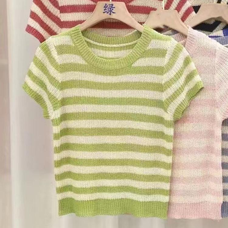 

Круглый вырез, полосатый, цветной, блокирующий, короткий рукав, вязаный свитер, женский, весна-лето, дизайн Sense Niche, тонкий топ, прилив, повседневные, облегающие, пуловеры, футболки One Size зелёный