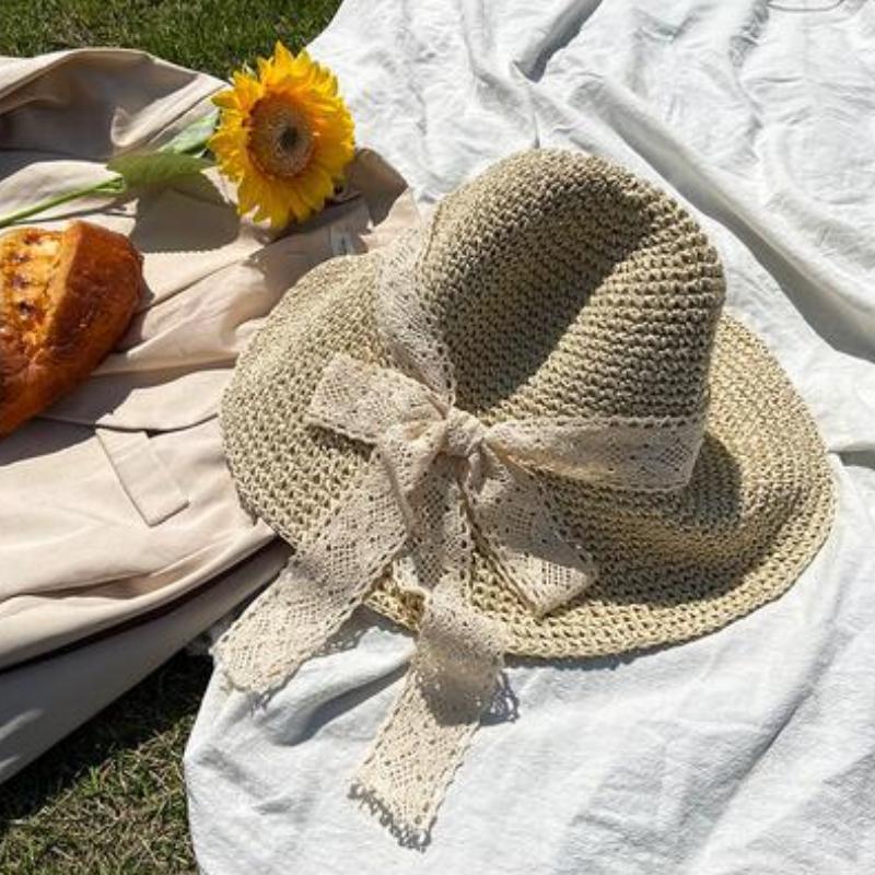 Women's Beige Woven Straw Hat Spring and Summer Japanese Style with Lace Bowknot Hollow Out Breathable Fisherman Hat