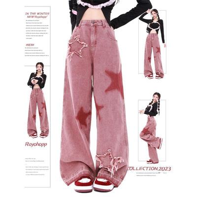 American Retro Five-Star Embroidered Raw Edge Low-Rise Women's Pink Wide-Leg Jeans