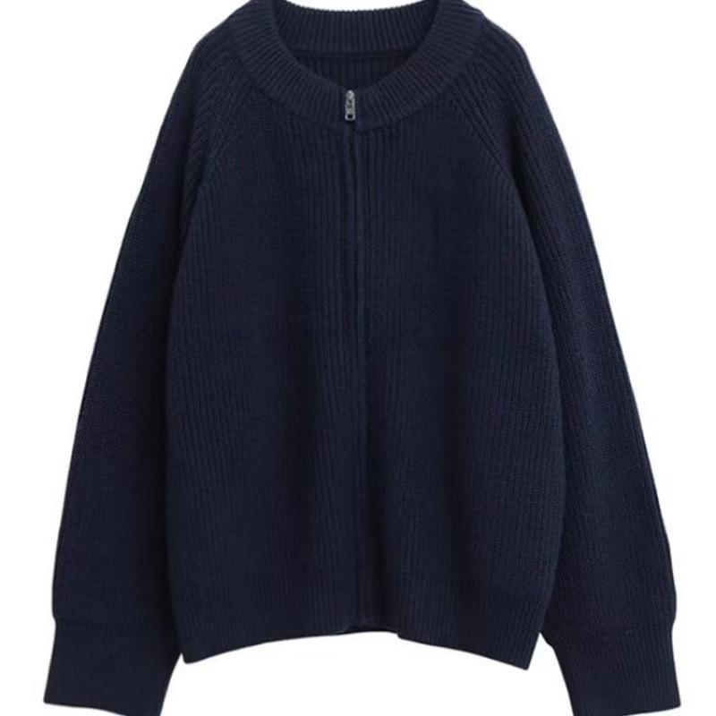 Unisex Navy Blue Jacket-Style Knit Cardigan - Japanese Niche, Autumn/Winter, Loose Fit, Round Neck Sweater Coat