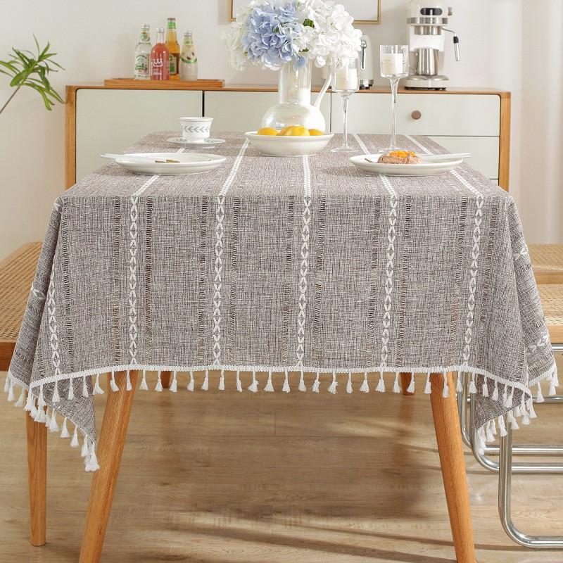 Nordic Style Cotton Linen Tablecloth With Fringe Tassels Woven Stripe Rectangular Dining Table Cover Christmas Home