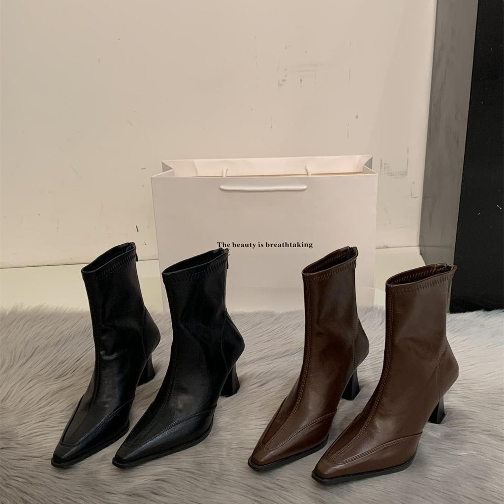 Retro high heels skinny boots women's autumn and winter new square head Martin boots thick heel elastic short boots brown Maillard women