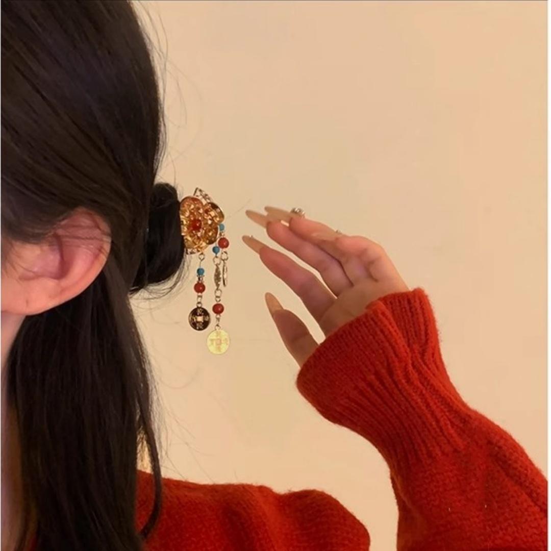 New Year s Flower Tassel Hair Clip New Chinese Style Hair Accessory Women Chinese Style Hairclip Fresh Sweet Headband Side Clip