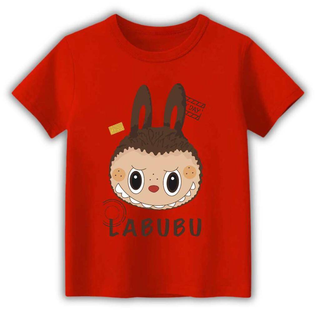 2025 Popular Children's Clothing Short Sleeved LABUBU Ugly and Cute Pattern Round Neck T-shirt Cartoon Style Girl's Top