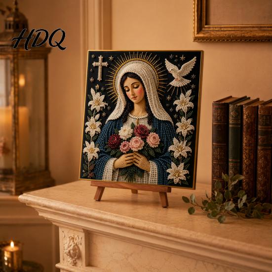 Spiritual Wall Art Faith Pearl Painting Kit Virgin Mary DIY Faux Religious Handmade Devotional Artwork Craft Set Home for Christian Prayer