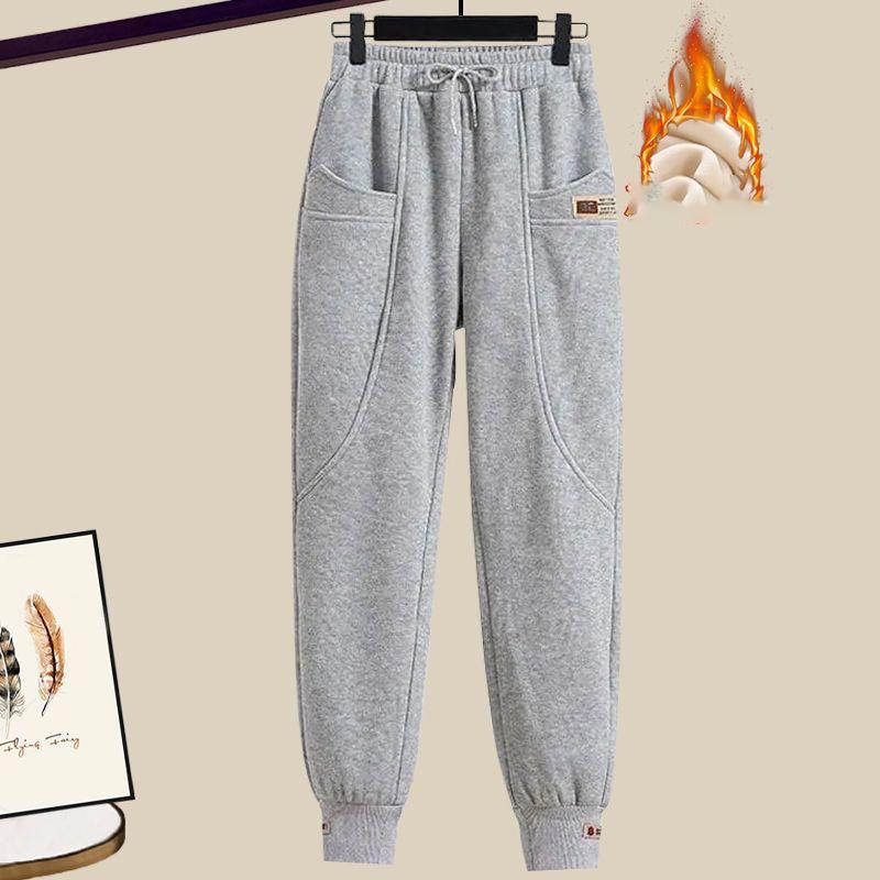 High-waisted Women's Trousers Thickened Plus Size Autumn Winter Solid Coloured Simple Loose Leisure Warm Drawstring Trousers