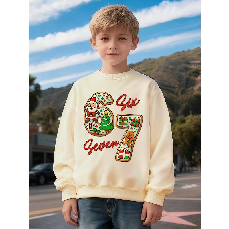 Kids Unisex Sweatshirt, Christmas Cookie Santa Gingerbread Number 67 Print Pullover, Boys Girls Holiday Birthday Sweatshirt For Kids Over 4 Years Old