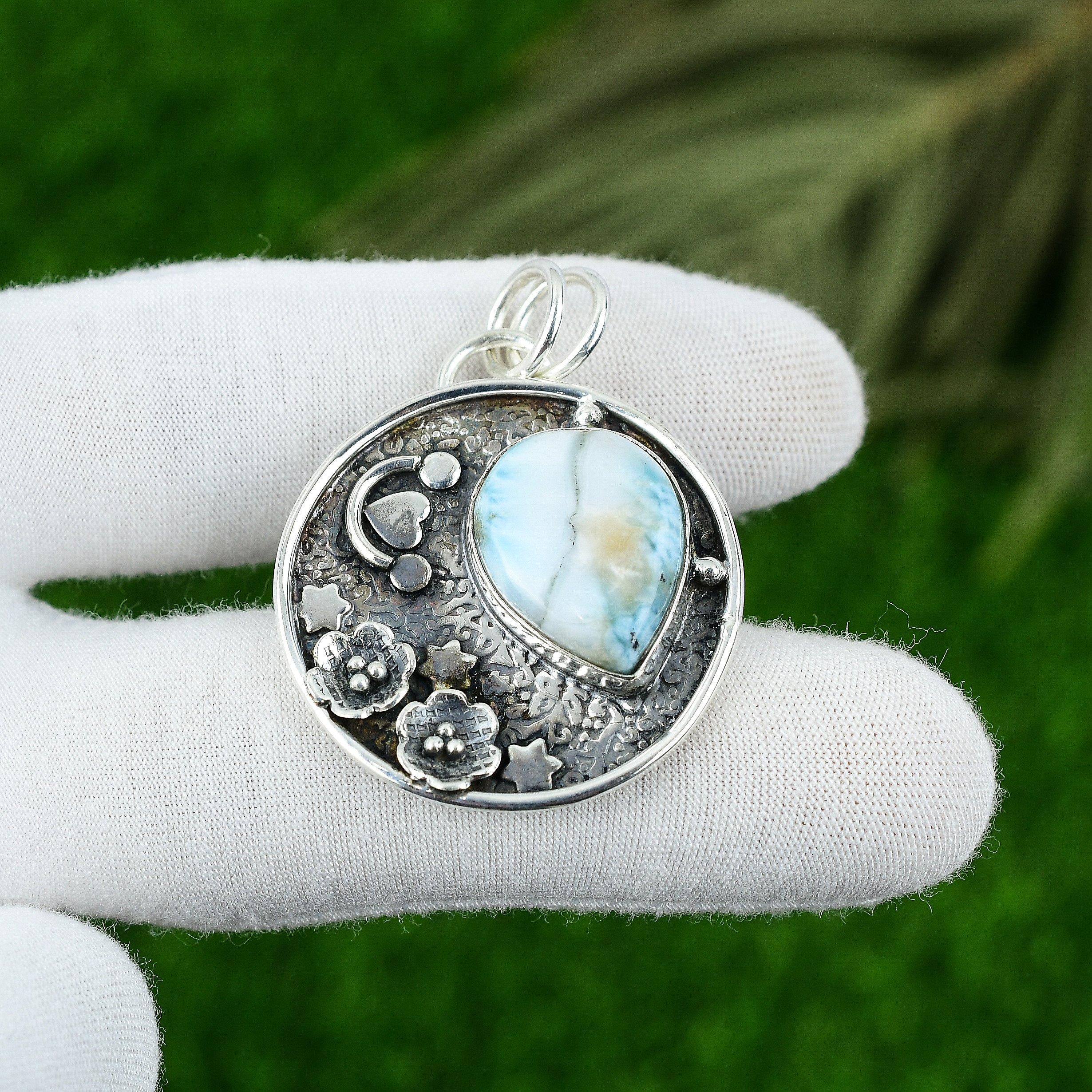 

Wedding Gift For Her 925 Sterling Silver Natural Larimar Gemstone Pendant