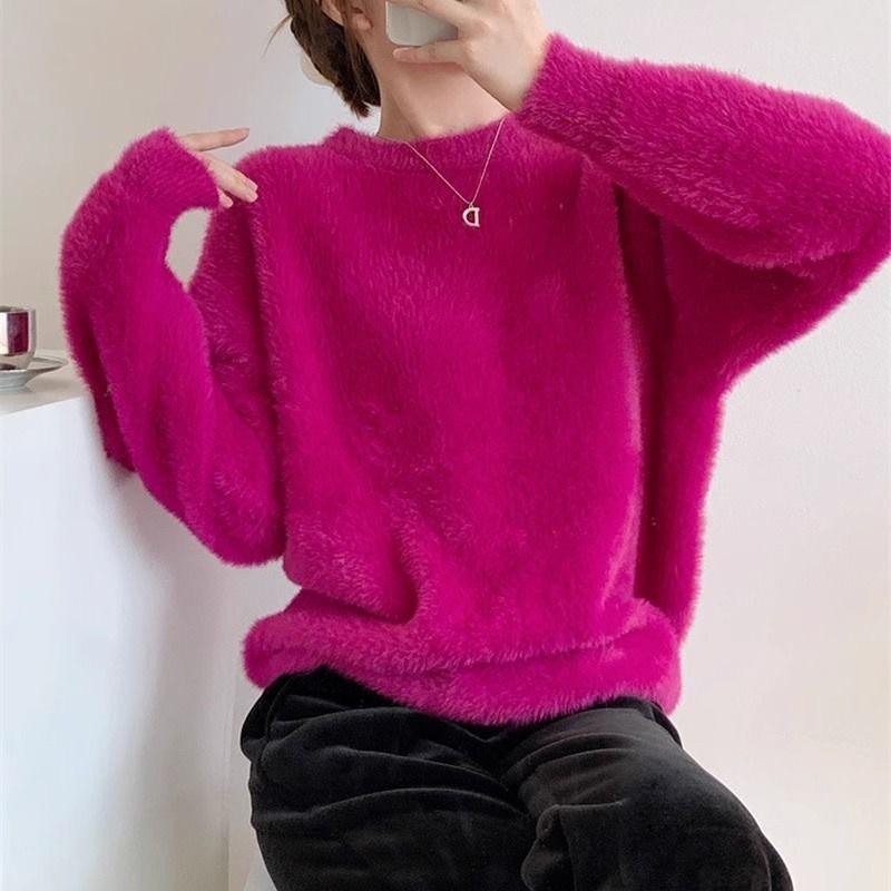 Soft Fuzzy Faux Mink Knit Sweater Women Round Neck Loose Fit Long Sleeve Pullover Cozy Oversized Mid-Length Top In