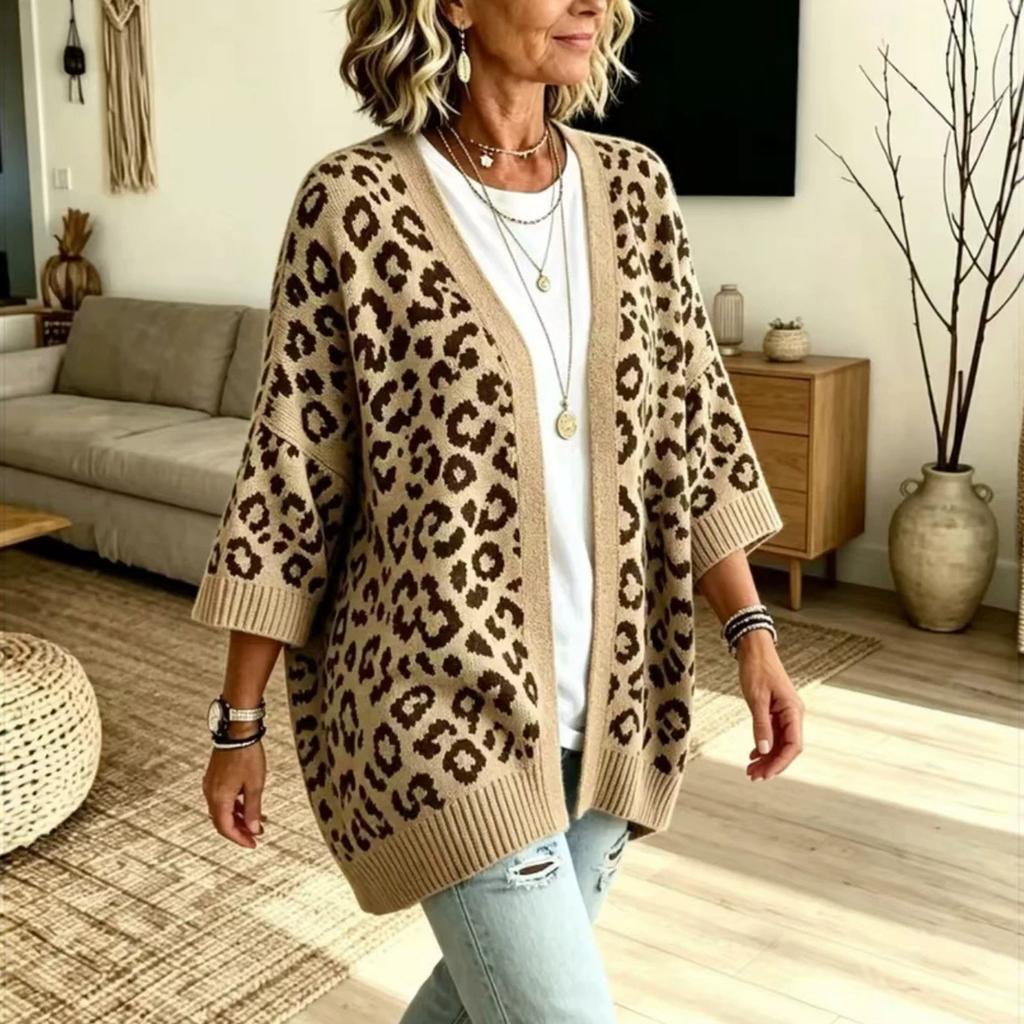 Women's Leopard Print Knit Cardigan Casual Open Front Sweater