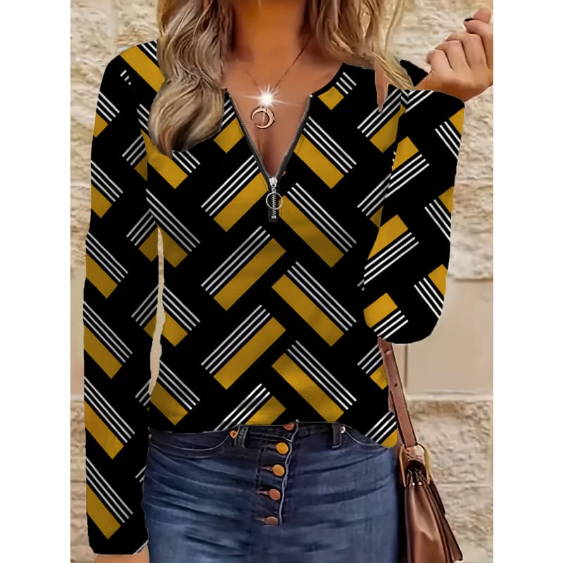 Women's creative printed zipper long-sleeved T-shirt, breathable, soft and comfortable, suitable for all-year-round casual wear