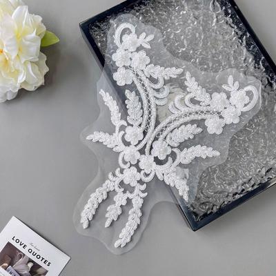 White Mesh Car Bone Thread Handmade Beads Embroidered Flower Applique Wedding Dress Performance Dress Decorative Cloth Sticker Accessories