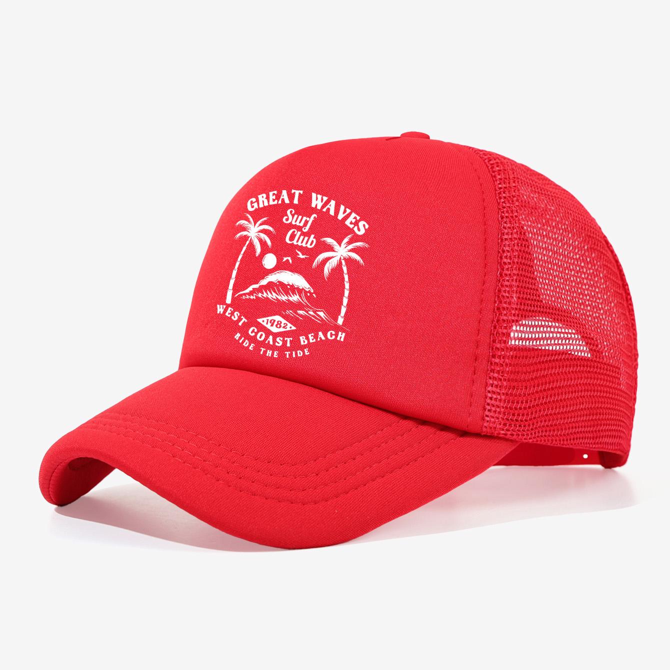 

1PC Great Waves Surfing Club Mesh Hat! Breathable mesh+coconut tree wave logo, full of American vacation feeling красный