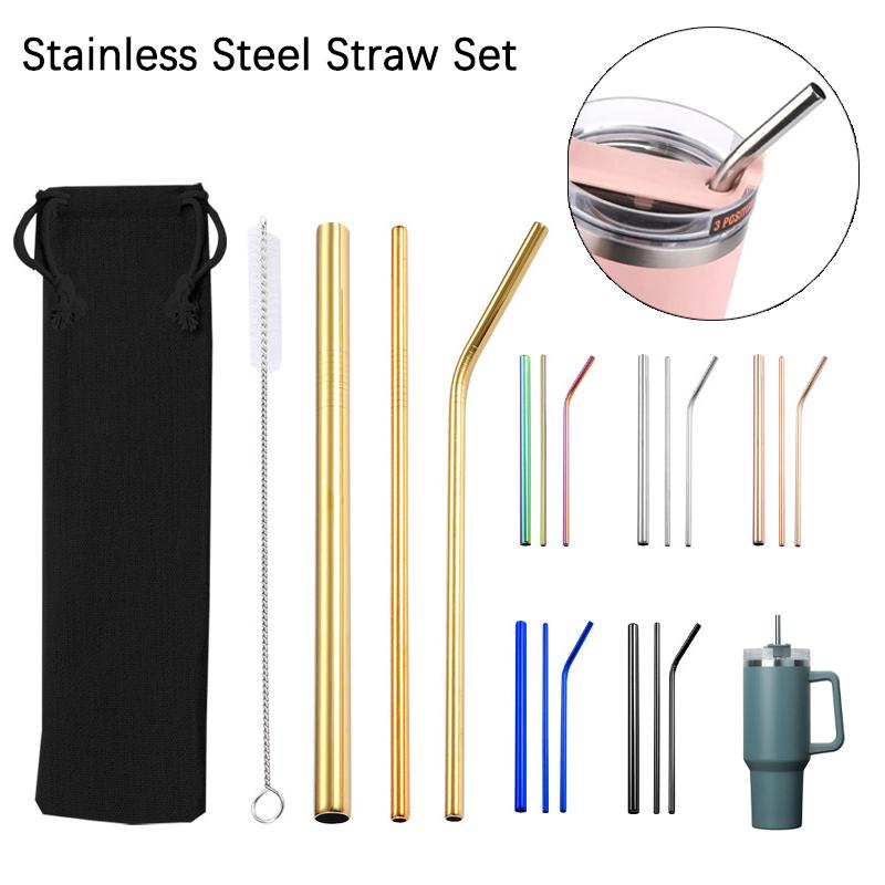 4Pcs Reusable Metal Straws Set With Cleaner Brush 304 Stainless Steel Drinking Straw Milk Drinkware Bar Accessories