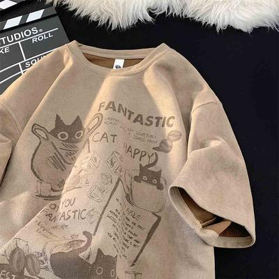 Suede Short Sleeve T T-shirt Men Fashion Brands Summer Loose Half Sleeve Fashion Ins Simple Printed Top